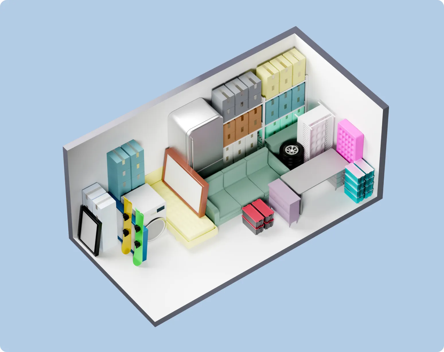 Large storage unit illustration holding the contents of a multi-room home