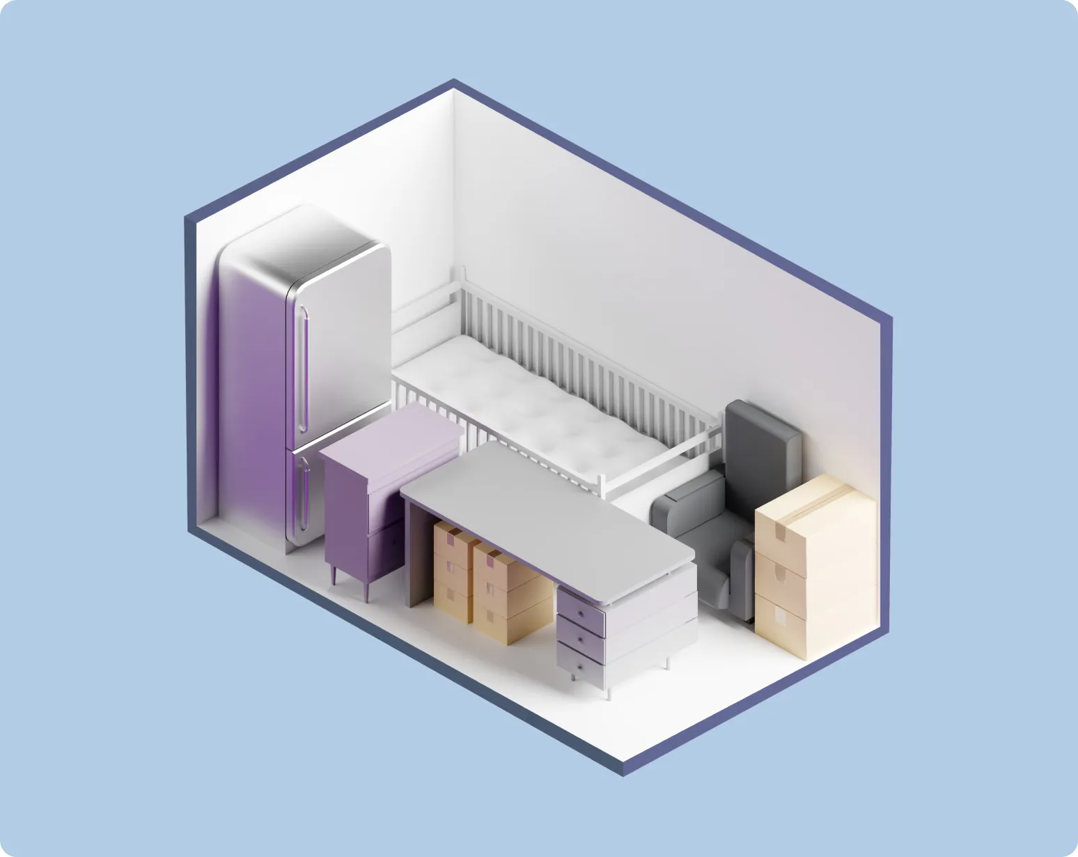 Medium storage unit illustration holding a refrigerator, crib, dresser, desk and boxes
