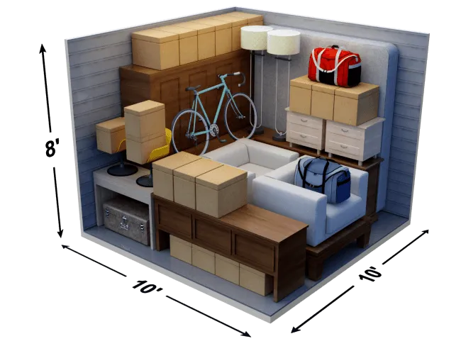 Illustration of a 10×10 storage unit filled with furniture and boxes