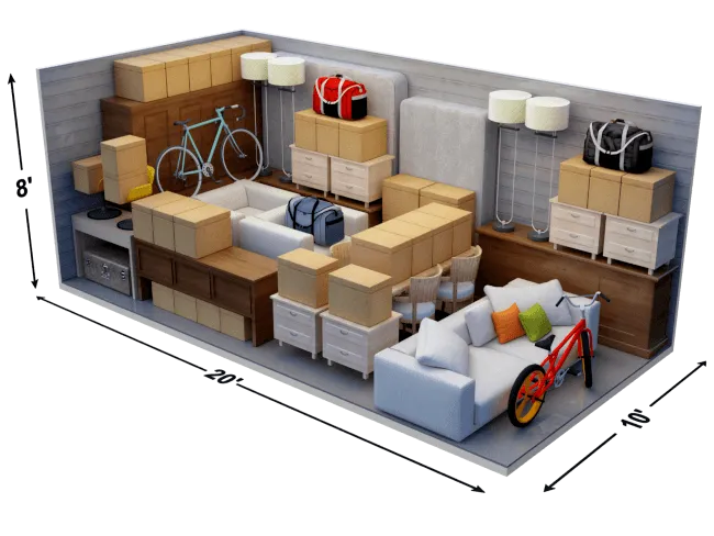 Illustration of a 10×20 storage unit filled with furniture and boxes