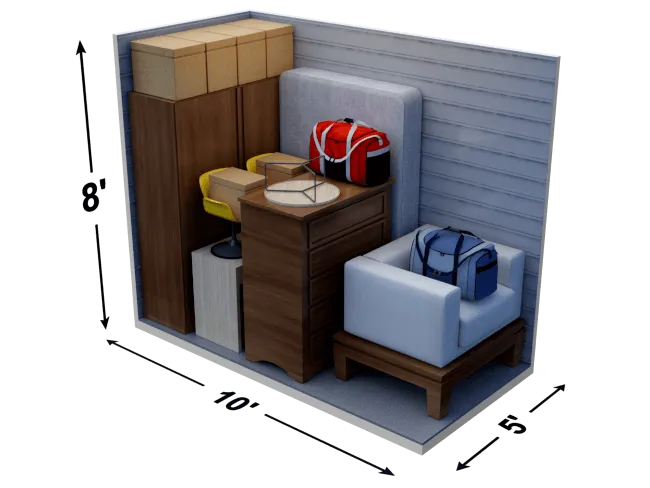 Illustration of a 5×10 storage unit filled with furniture and boxes