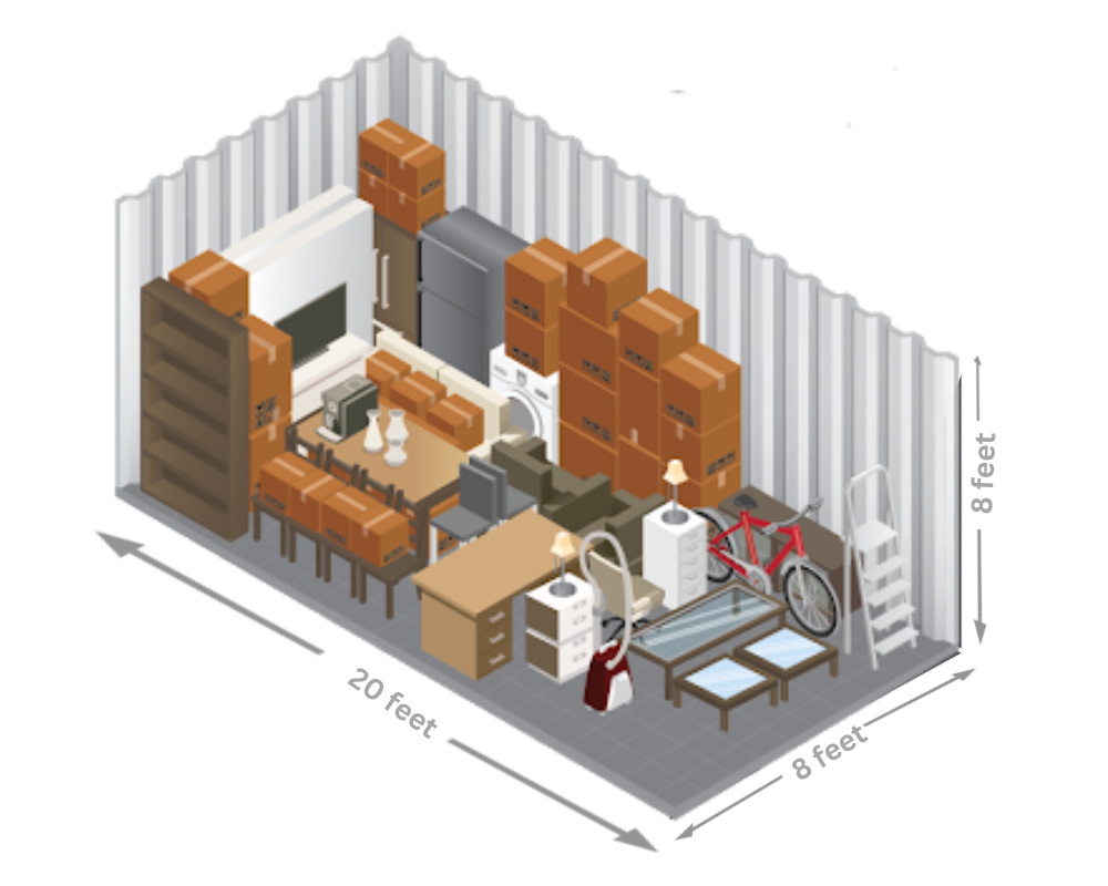 Illustration of a 8×20 storage unit filled with furniture and boxes